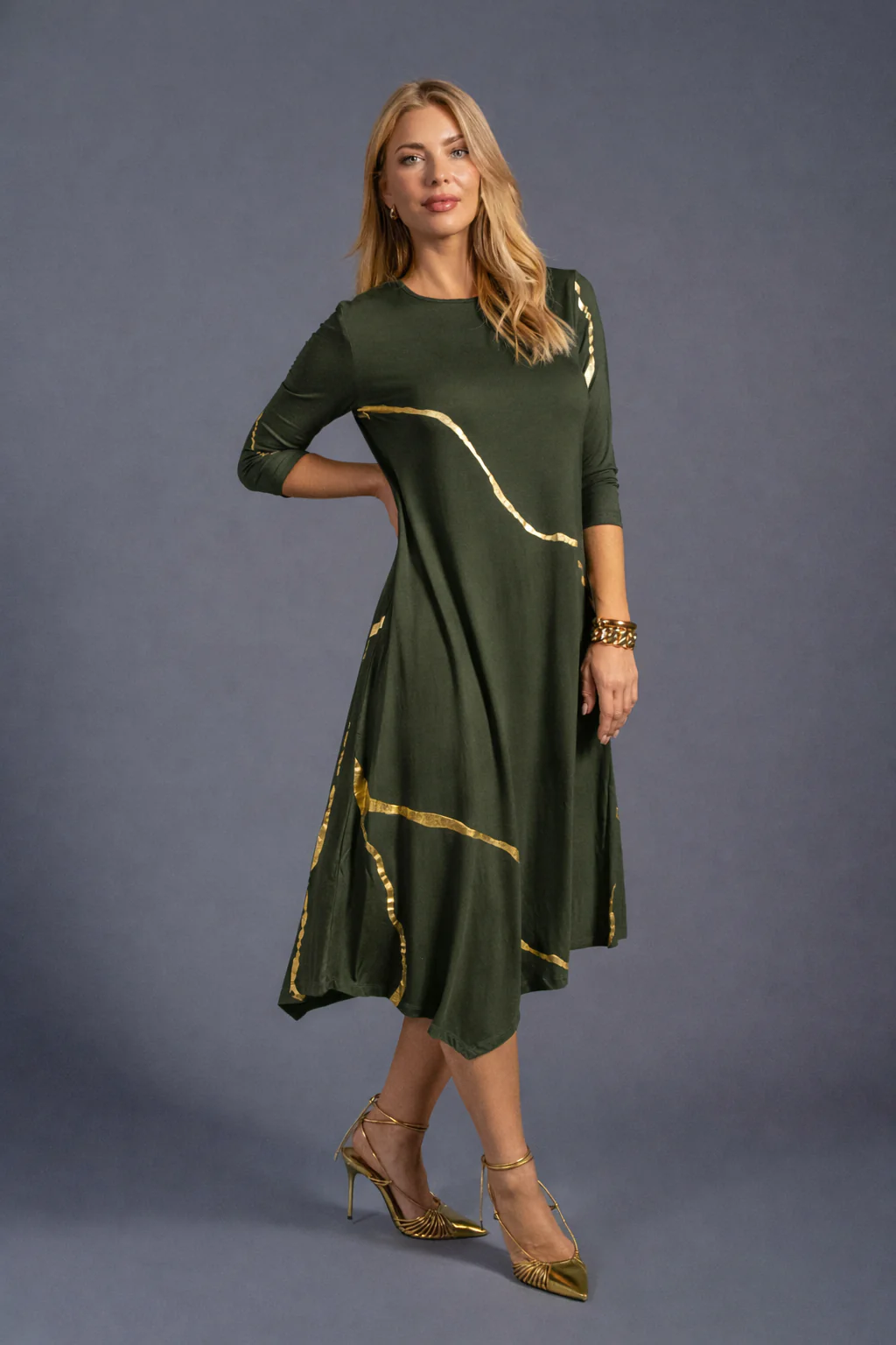 Hikari Deep Olive And Gold Foil Kintsugi Dress *Limited Edition*